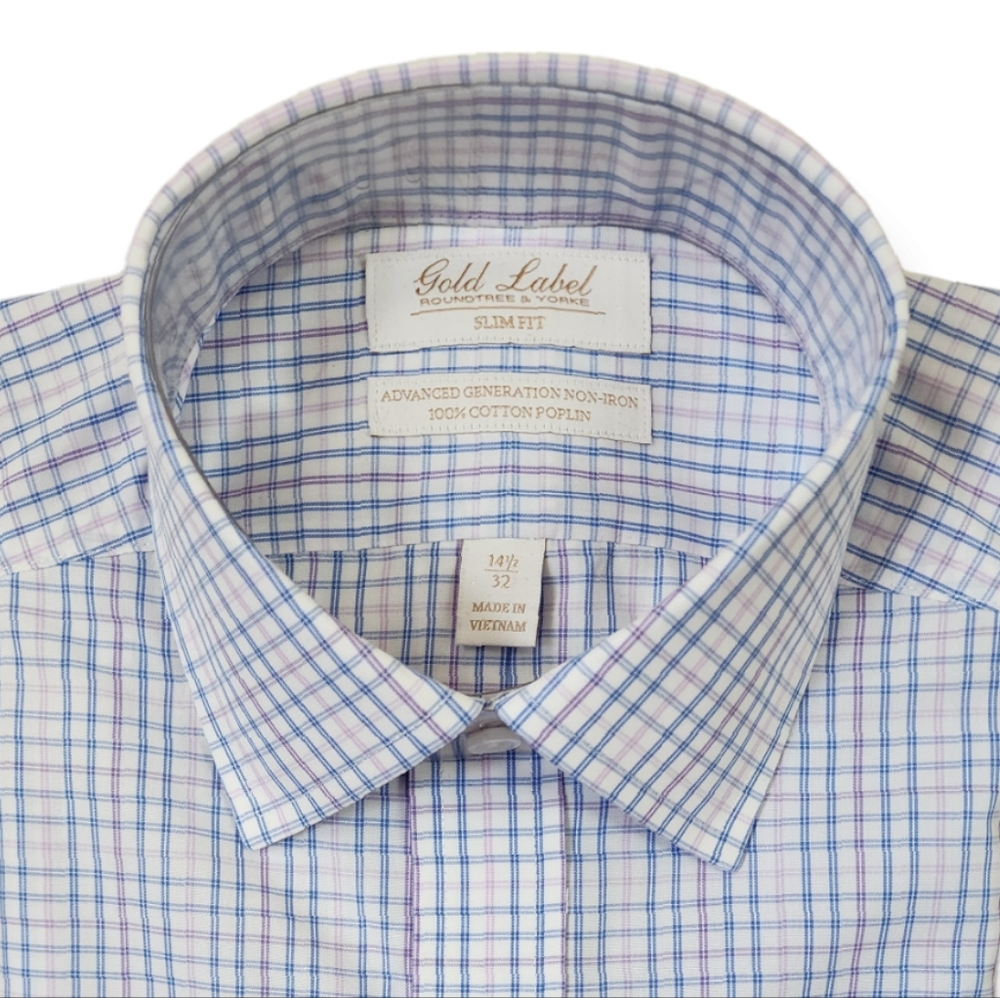Gold Label Slim Fit Poplin Fitted L/S Dress Shirt 14.5 33 Blue Pink